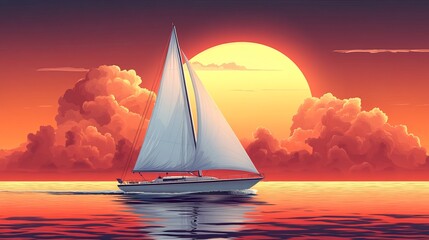 Wall Mural - A sailboat colorful cartoon style high resolution   743 sunset, sea, boat, sailing, sailboat, sail, water, ocean, yacht, sun, sky, ship, summer, travel, nature, sunrise, beach, horizon, orange, lake, 