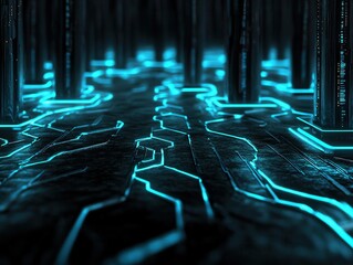 developers in a futuristic setting, orchestrating end-to-end infrastructure with glowing networks