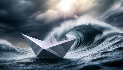 white paper boat braving the waves of a wild stormy sea, on background dramatic sky with storm cloud