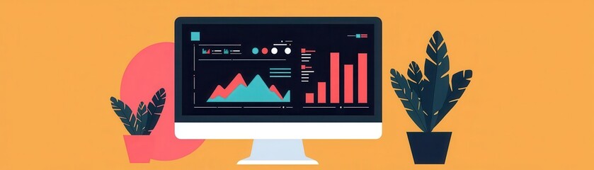 Computer screen displaying real-time data insights, processing algorithms, flat design illustration