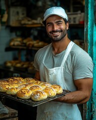 Wall Mural - Portrait of handsome baker at the bakery with breads and oven on the background