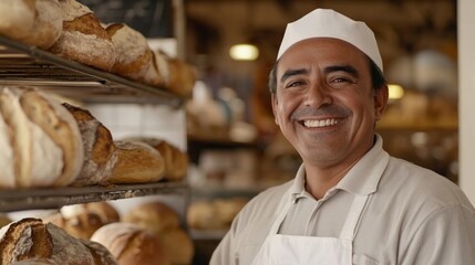 Wall Mural - Portrait of handsome baker at the bakery with breads and oven on the background