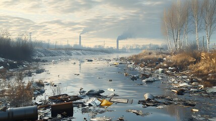 Wall Mural - 98. Detailed 3D render of a polluted river with visible industrial waste and debris, set against a smooth background