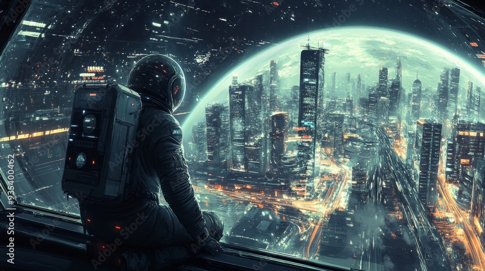A lone astronaut gazes out at a futuristic city beneath a glowing ...