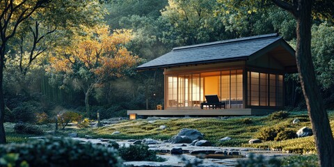 Wall Mural - A Japanese-style house in a forest setting.