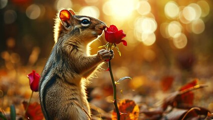 Wall Mural - Cute Chipmunks in autumn forest with colorful flower. Cheeks bulging. Stocks for the winter. Closeup. Selective focus Orange fall forest wildlife