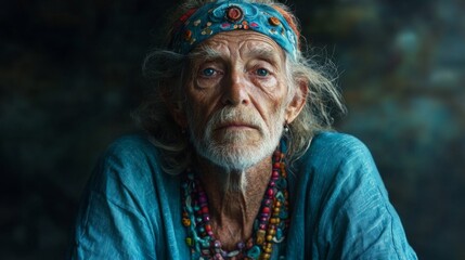 Wall Mural - portrait of a sixty year old ugly hippie dressed casually in white linen