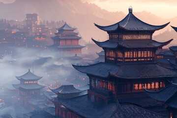 A closeup 3D render of an elegant ancient china city, minimalist style with subtle colors, soft lighting -