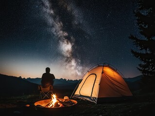 a serene camping scene under the night sky, featuring a glowing tent, warm campfire, and the milky w