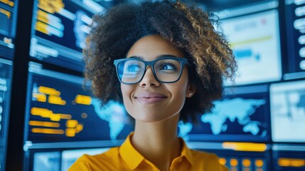 Confident woman with curly hair and glasses, smiling in front of a digital display, representing technology and innovation.