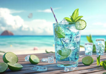 Blue Cocktail on a Tropical Beach with Refreshing Ice and Citrus