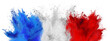 © stockphoto-graf - colorful flag of france with blue white and red color holi paint powder explosion isolated on white background. french tricolore national europe travel and tourism concept.