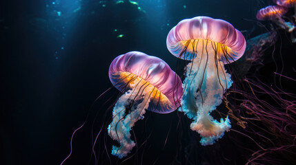 Luminous jellyfish swim deep in the blue sea jellyfish neon jellyfish fantasy water long strings