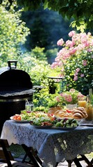 Wall Mural - A summer barbecue with salads and bread rolls on a lace tablecloth in a garden setting.