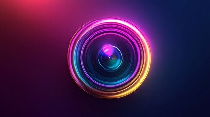 A colorful camera lens with a purple and blue background