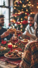 Wall Mural - Friends celebrate the holiday season together, surrounded by a festive table filled with delicious food, wine, candles, and a beautifully adorned Christmas tree