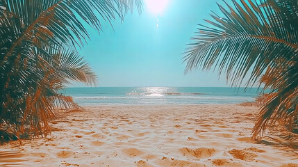 Wall Mural - A beach view framed by palm trees on a sunny day