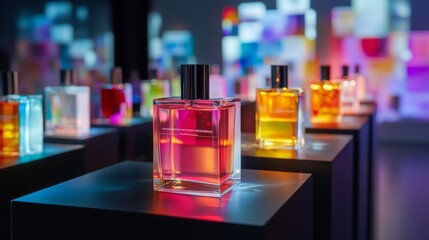 Aufkleber - Beautifully arranged perfume bottles in various colors are showcased on display stands, illuminated by dynamic lighting in a modern gallery setting.