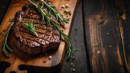 Grilled beef steak with perfect grill marks, served on a wooden board with rosemary and garlic.