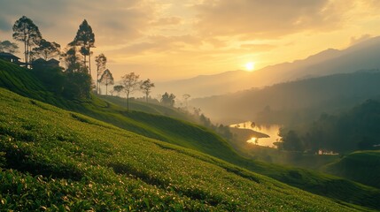 Wall Mural - sunrise over lush tea plantations in a mountainous landscape, capturing the beauty of nature during 