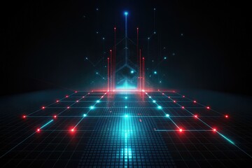 Wall Mural - Futuristic digital grid glows with vibrant neon lights.