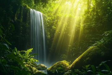 Wall Mural - A lush green rainforest with a waterfall cascading down moss-covered rocks, sunlight filtering through the dense canopy. 