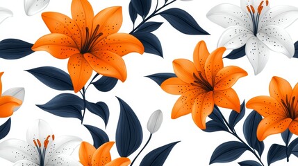 Canvas Print - Orange and White Lilies with Blue Leaves on White Background