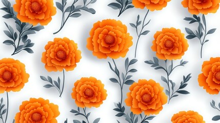 Wall Mural - Seamless Floral Pattern with Orange Flowers and Grey Leaves