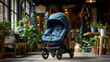 © AS Photo Family - Stylish blue baby stroller in a cozy indoor setting with plants