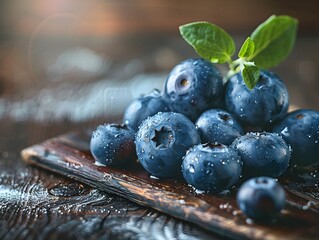 Close up of Fresh Blueberries on Rustic Wooden Table with Vibrant Colors and Soft Sunlight