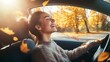 © LU - An excited female tourist was driving alone, enjoying the freedom of a road trip. A woman's joy and freedom in autumn shows her love for life and her anticipation for new adventures.