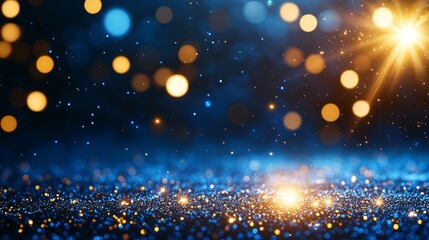 Wall Mural - Abstract Blue And Gold Glitter Background With Bokeh Lights