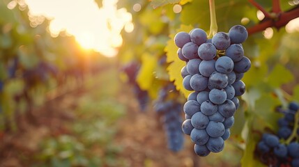 Wall Mural - Close-up of blue grapes hanging in a vineyard at sunset