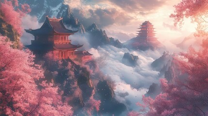 Wall Mural - ethereal chinese fantasy landscape with misty mountains cherry blossoms and a floating palace among clouds