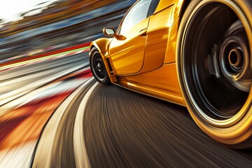 Poster - A race car zooming down a track, frozen in time with the background stretching out in a motion blur. 