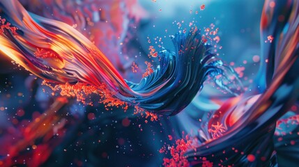 A dynamic, AI-generated animation playing on a large screen, with abstract shapes and vibrant colors in motion