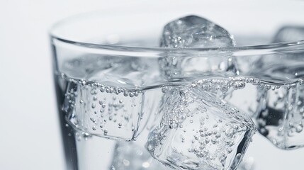 Close-up of clear ice cubes floating in water inside a glass, set against a white background, highlighting the purity and transparency.