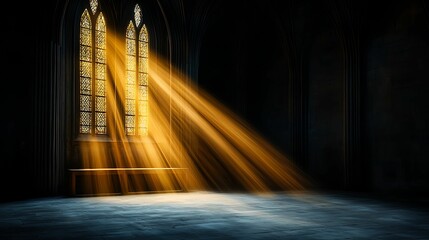 Wall Mural - golden light streaming through an ancient cathedral window, illuminating dust particles, spiritual r