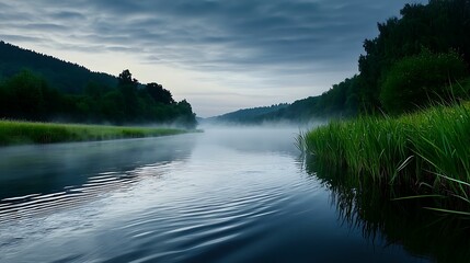 Wall Mural - soft morning light over a quiet river, mist drifting on the surface, spiritual connection with natur