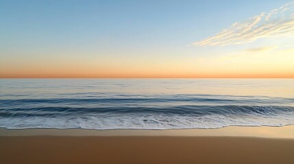 Wall Mural - Golden light streaming over a calm sea at dawn, gentle waves reflecting the sky, spiritual peace, copy space for text,