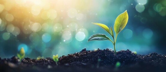 Wall Mural - Plant growing on a blurry blue background in an image from a stock photo.