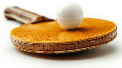 Close-up of ping pong racket and ball on white background