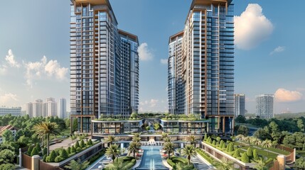 Leinwandbilder - The exterior view for a twin tower hotel complex with high-rise buildings on both sides and green landscape design at ground level. The main entrance is located in front, surrounded by trees.