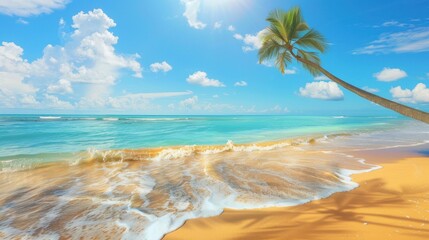 Wall Mural - A vibrant summer beach scene with golden sand, turquoise waves, and palm trees swaying under a bright blue sky