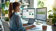 © visoot - A woman sitting at a white desk with two monitors, a laptop and paper on the table; she is looking at one of her screens displaying a green bar graph showing growing sales numbers. Generative AI.