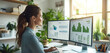 © visoot - A woman sitting at a white desk with two monitors, a laptop and paper on the table; she is looking at one of her screens displaying a green bar graph showing growing sales numbers. Generative AI.