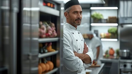 Wall Mural - Chef in kitchen next to a four door stainless steel commercial refrigerator, bright tone. Generative AI.