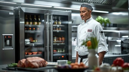 Wall Mural - Chef in kitchen next to a four door stainless steel commercial refrigerator, bright tone. Generative AI.