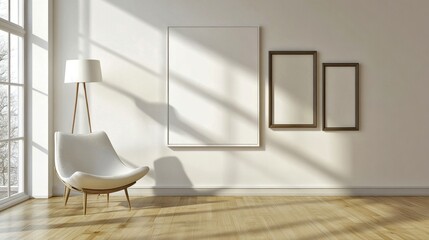 Wall Mural - a bright and airy living space featuring a stylish chair and empty frames on the wall. perfect for s