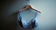 © YONG - A blue lace-embroidered brassiere on a hanger, hanging against a plain wall in soft lighting.